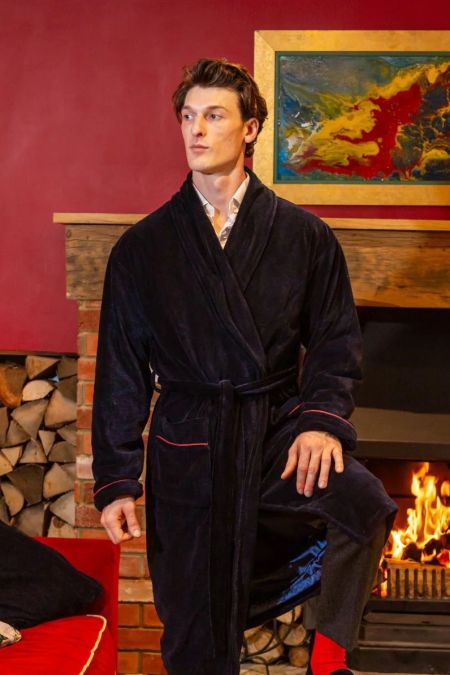 Bown of London Carnegie Luxury Cotton Long Velvet Smoking Jacket In Navy