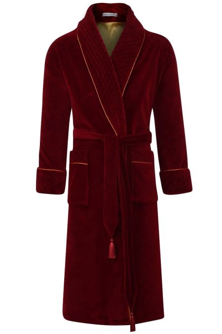 Bown of London Donington Long Velvet Smoking Jacket In Burgundy