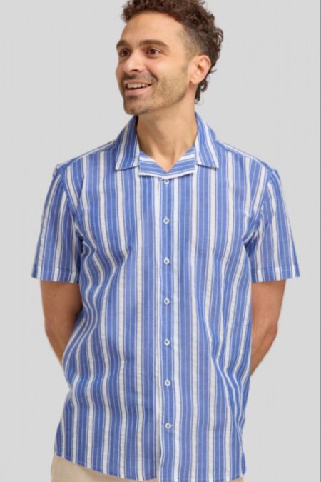 Double Two BLUE &amp; WHITE CUBAN COLLAR STRIPED SHIRT