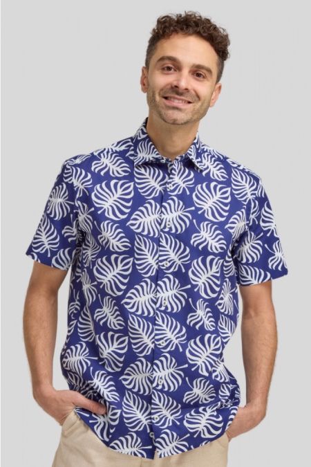 Double Two NAVY TROPICAL LEAF PRINT PURE COTTON SHORT SLEEVE SHIRT
