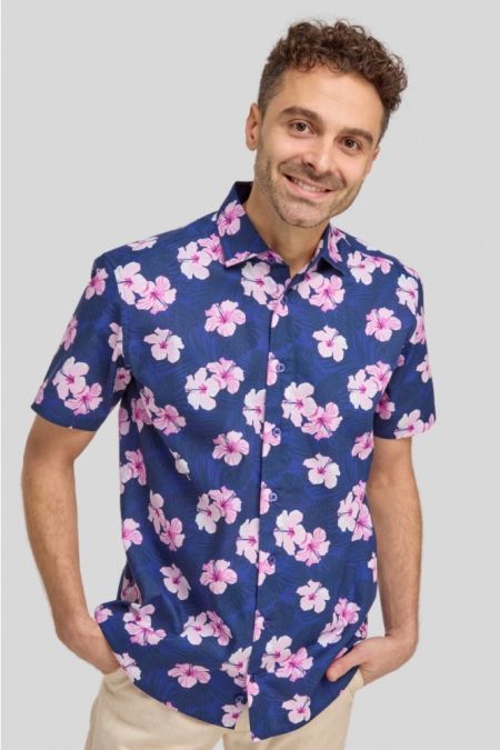 DOUBLE TWO NAVY WITH PINK FLORAL HAWAIIAN CASUAL SHIRT