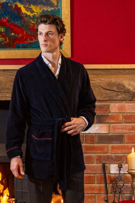 Rockefeller Luxury Cotton Short Velvet Smoking Jacket In Navy