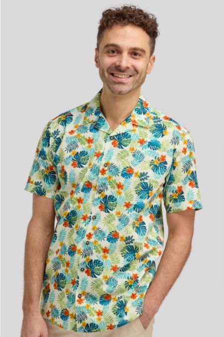 TROPICAL PRINT OPEN NECK COLLAR CASUAL SHORT SLEEVE SHIRT FROM DOUBLE TWO